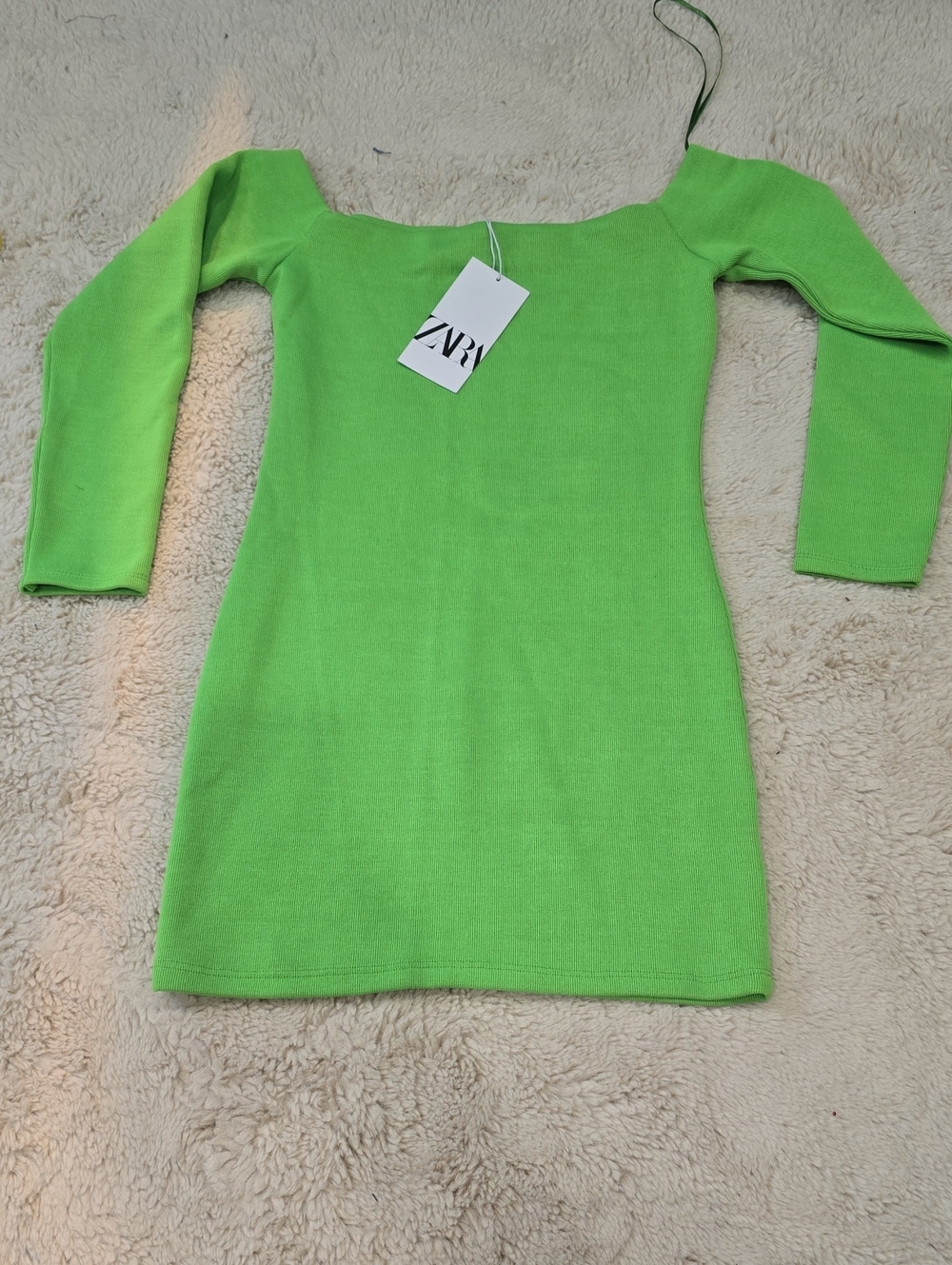 ZARA Neon Green Long Sleeve Square Neck Bodycon Dress